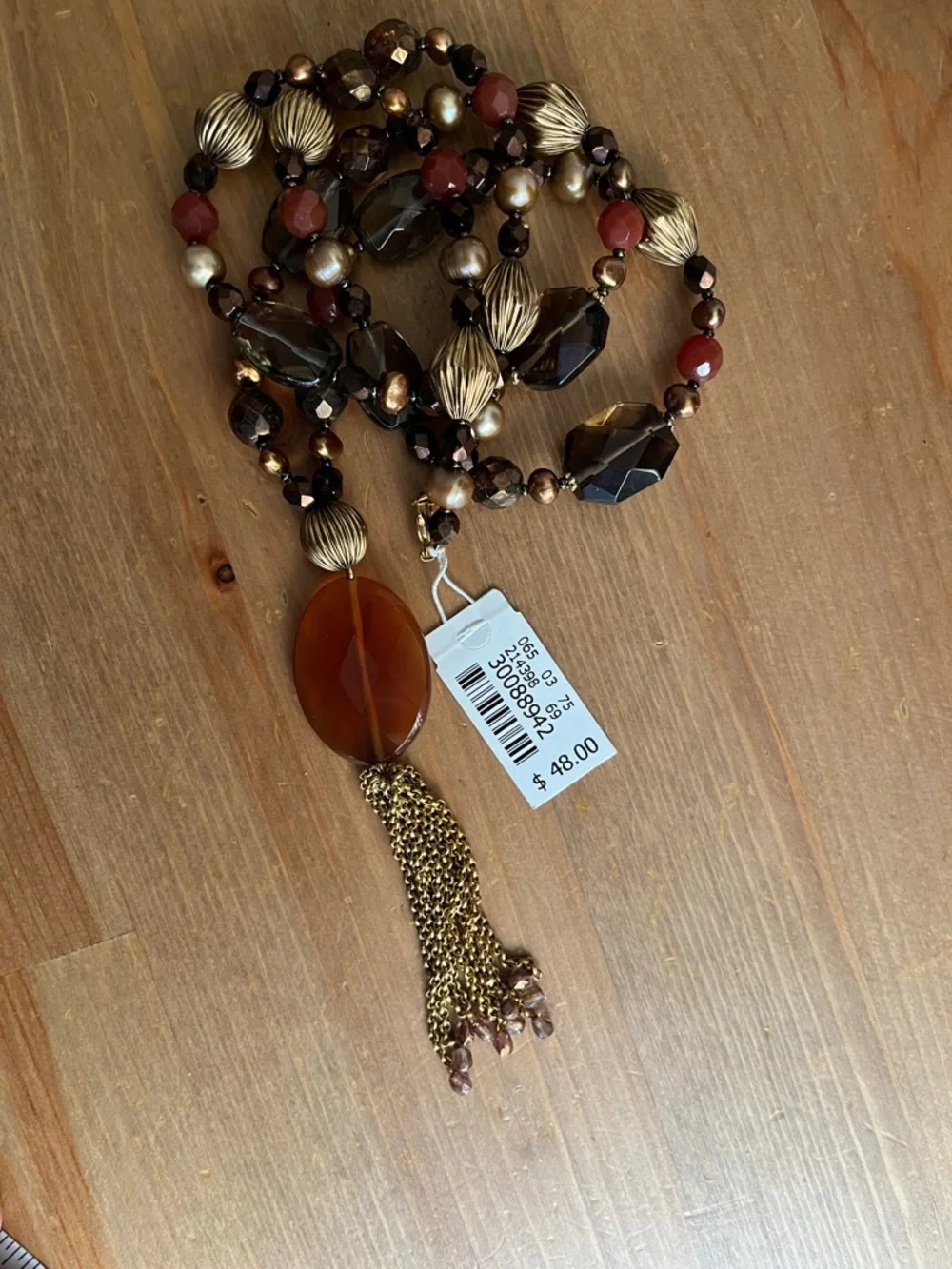 Talbots beaded statement necklace  mix of brown, orange, and gold-toned glass - Picture 9 of 9